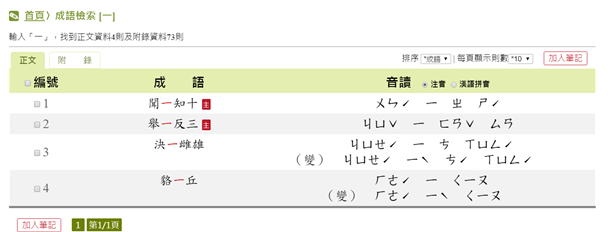 舉例查詢「一」在第二個字的成語的結果呈現。