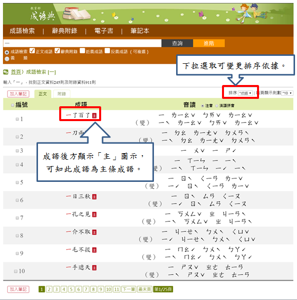 檢索結果列表示意圖，點選後可進一步觀看詳細內容，分為正文資料與附錄資料查詢結果。